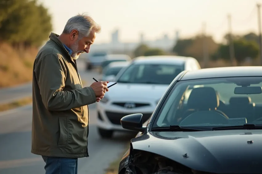driver assessing damage after car accident while avoiding costly mistakes