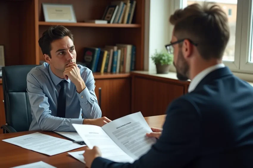 car crash victim consulting lawyer to navigate complex insurance claim rules