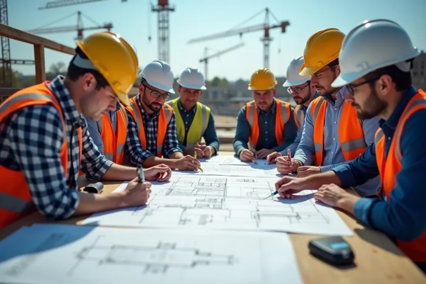 construction team using smart layout systems to improve building efficiency