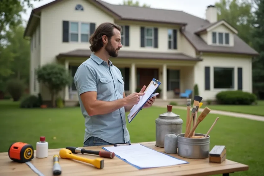 first time homeowner planning exterior renovation with checklist and tools