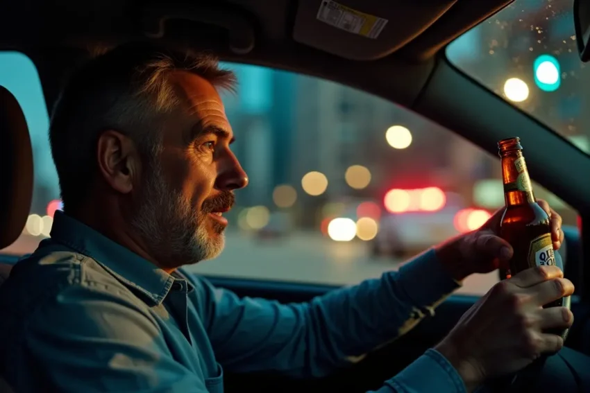 man drinks a beer bottle while is driving a car