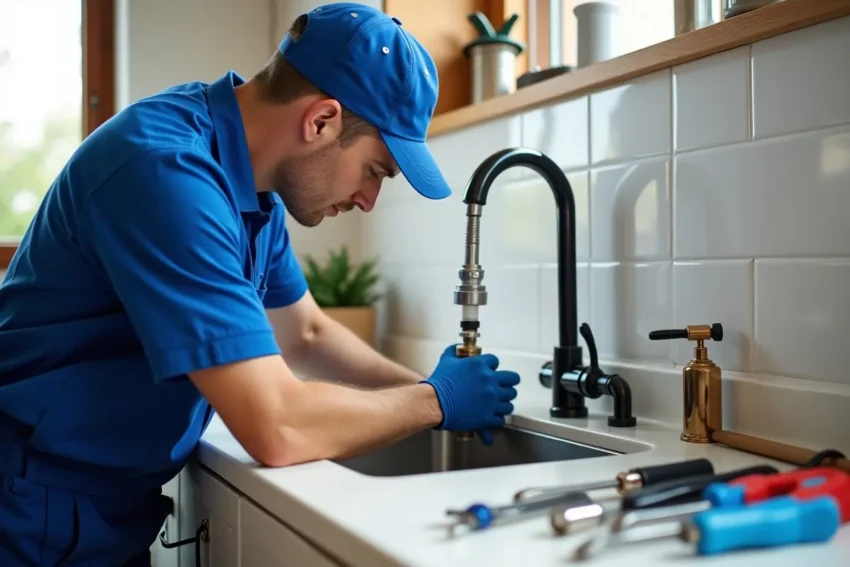 plumber repairing home plumbing system with professional tools and expertise