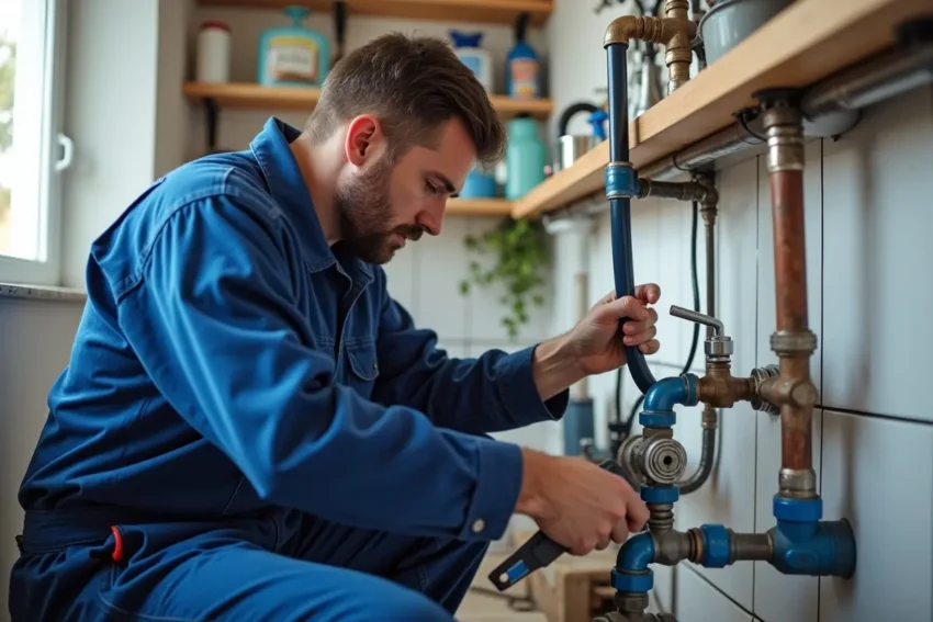 plumber repairing home plumbing system with professional tools and expertise