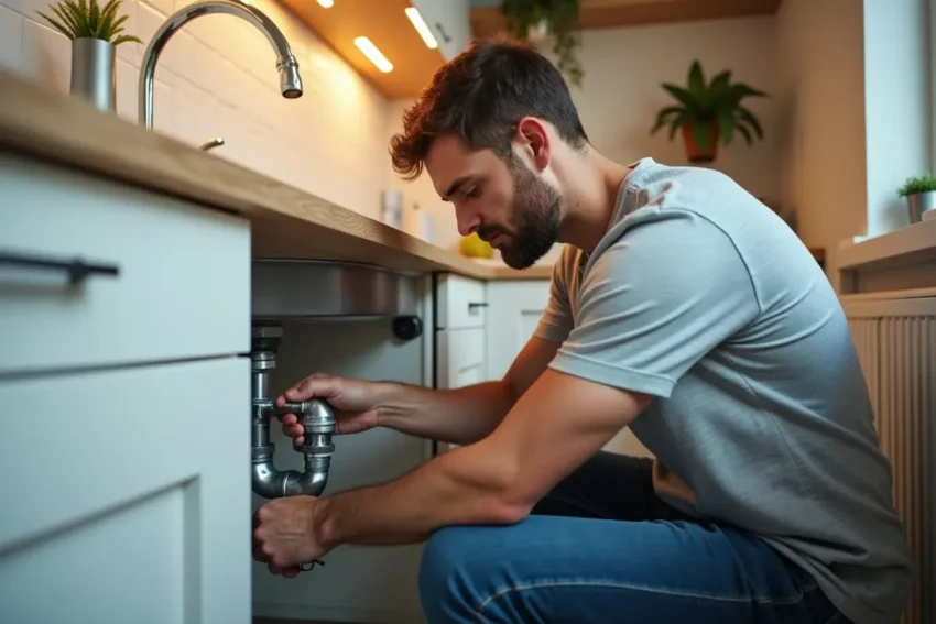 homeowner performing regular plumbing maintenance to improve home efficiency