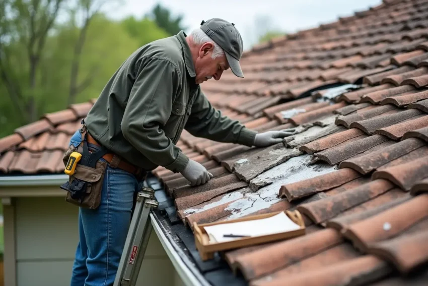 homeowner inspecting roof for damage signs and needed replacement