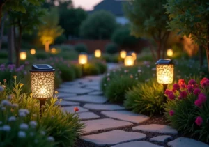 garden illuminated with solar ornaments improving lighting and outdoor ambiance