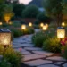 garden illuminated with solar ornaments improving lighting and outdoor ambiance