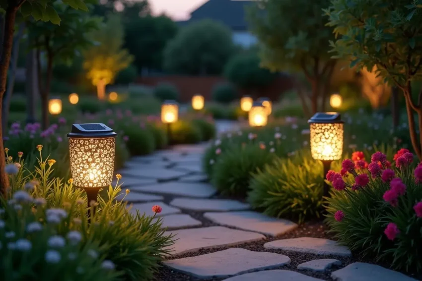 garden illuminated with solar ornaments improving lighting and outdoor ambiance