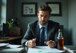 professional struggling with alcoholism impacting work performance and wellbeing