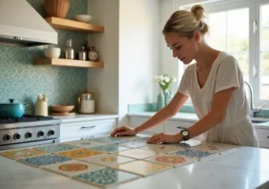 homeowner selecting zellige tile backsplash for kitchen design improvement