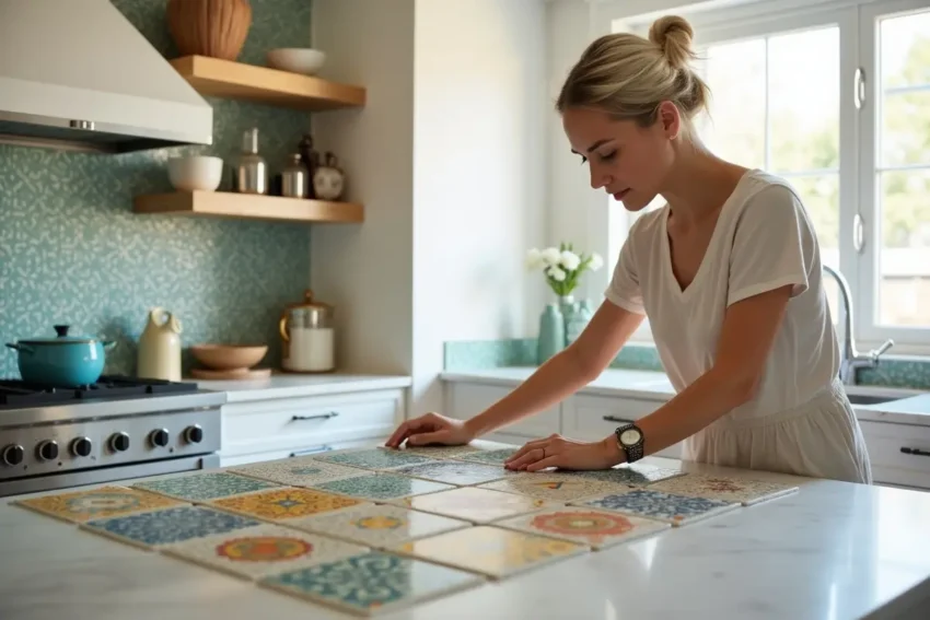 homeowner selecting zellige tile backsplash for kitchen design improvement