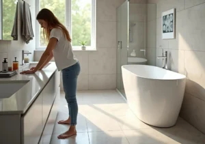 homeowner comparing porcelain and ceramic bathroom floor tile durability