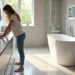 homeowner comparing porcelain and ceramic bathroom floor tile durability