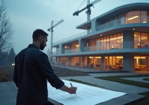 architect designing modern commercial building with innovative future focused features