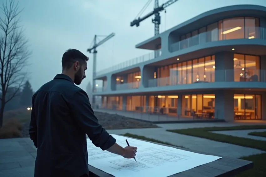 architect designing modern commercial building with innovative future focused features