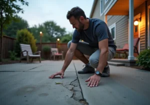 homeowner inspecting concrete before redesigning an outdoor nashville patio
