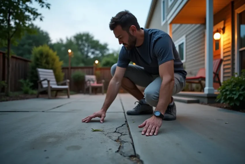 homeowner inspecting concrete before redesigning an outdoor nashville patio