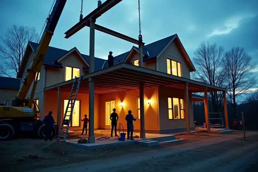 construction crew lifting large steel beams during home renovation